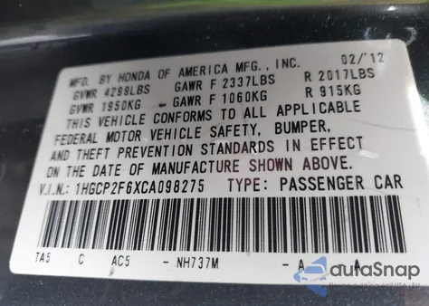 2012 Honda Accord 2.4 Se z USA, uszkodzony, nr VIN 1HGCP2F6XCA098275